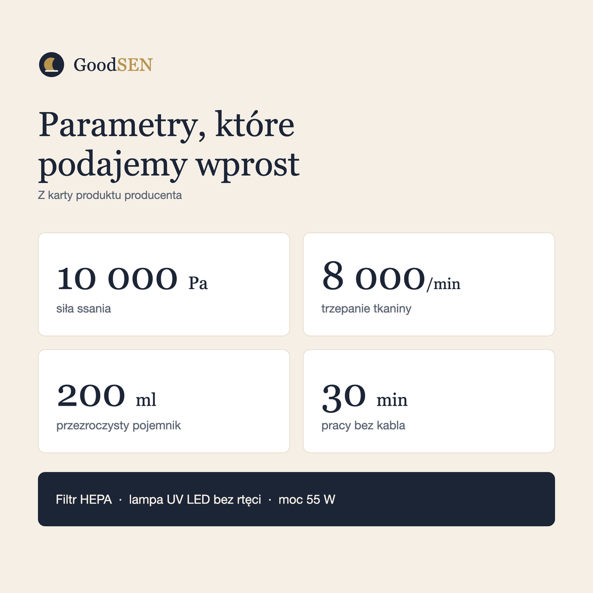 GoodSEN parametry: 10 000 Pa, trzepanie 8 000 razy na minutę, pojemnik 200 ml, do 30 minut pracy